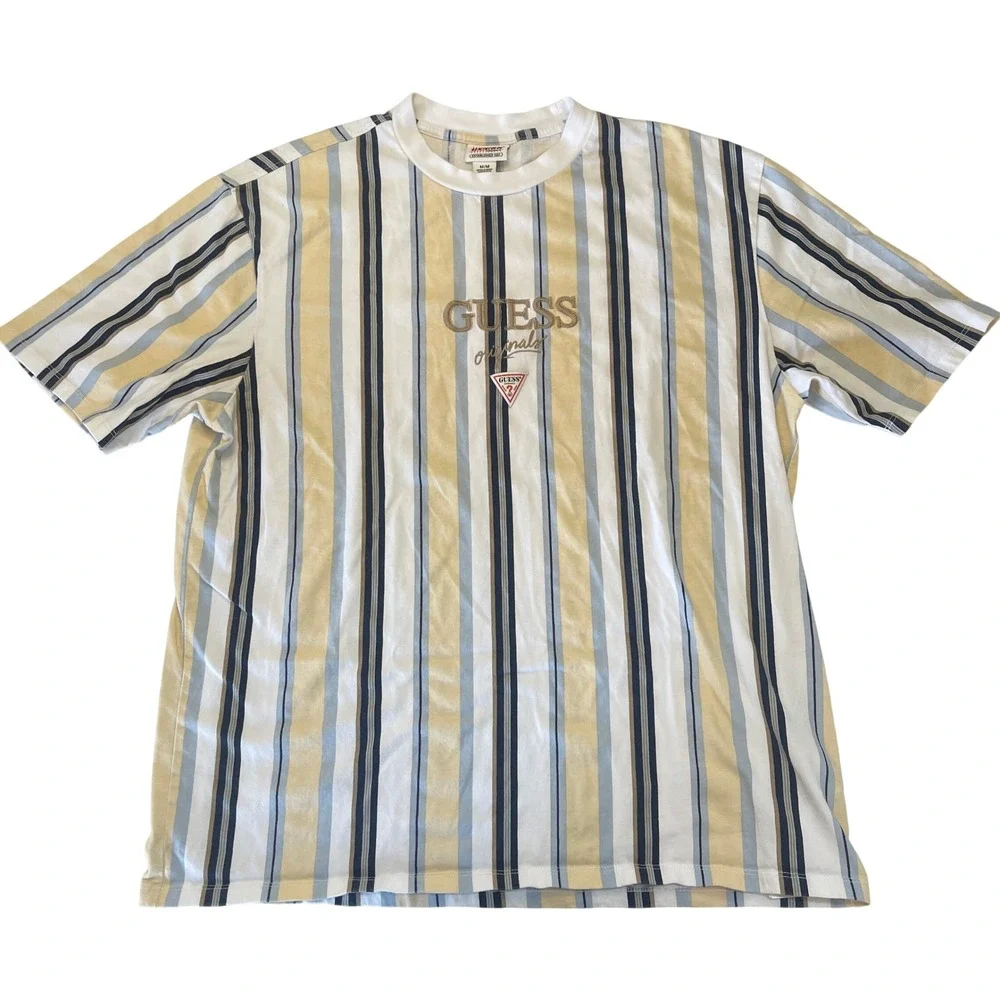 GUESS Originals Mens Vertical Stripe Logo T-Shirt Yellow Blue Medium - Picture 1 of 7